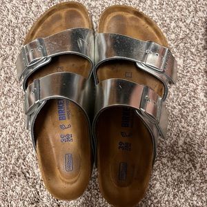 Women’s Birkenstocks, silver, size 39. Only worn about 5 times.